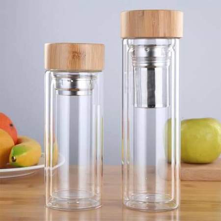 Double Wall Glass Thermos With Bamboo Cap Zero Waste Tea Mug With